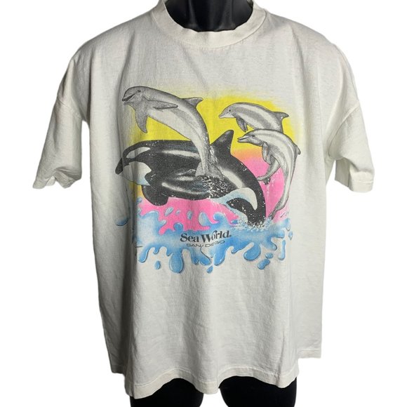 Vintage Sea World Crewneck T Shirt L White Single Stitch Shamu Short Sleeves - Picture 1 of 7